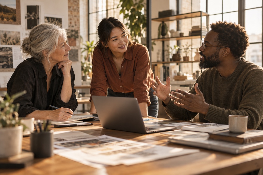 Colleagues of different generations working through ideas together
