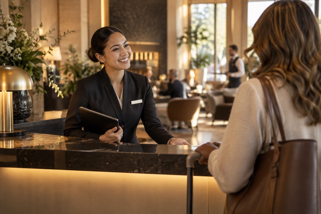 A hospitality professional welcoming a guest in person