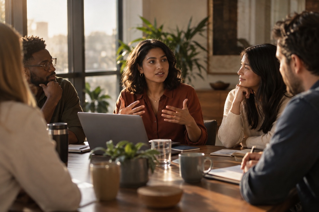 A team member sharing an idea while colleagues listen
